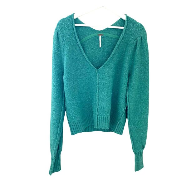 Free People Reverie V-Neck Sweater in Emerald Aura Sz S Cozy Boho Colorful - Picture 4 of 12